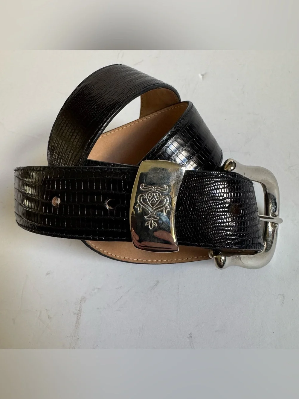 Vintage Brooks Brothers Black Genuine Lizard Leather Belt M Silver Tone Western